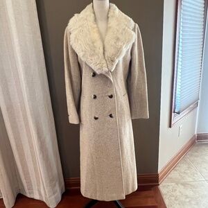 Vintage Sears The Fashion Place Beige Wool Coat Faux Fur Collar, Size Medium/L